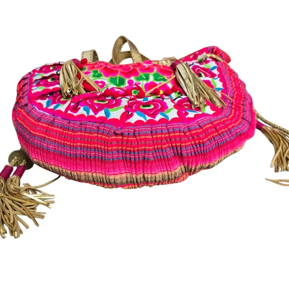 Boho Floral Embroidered Half Moon Shoulder Bag Ethnic Thai Tote Pink
